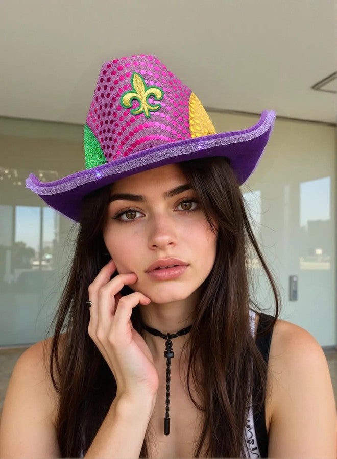 Funny World Mardi Gras Hat Light up Cowboy Cowgirl Hats, One Size, Green Purple Gold - Image 3